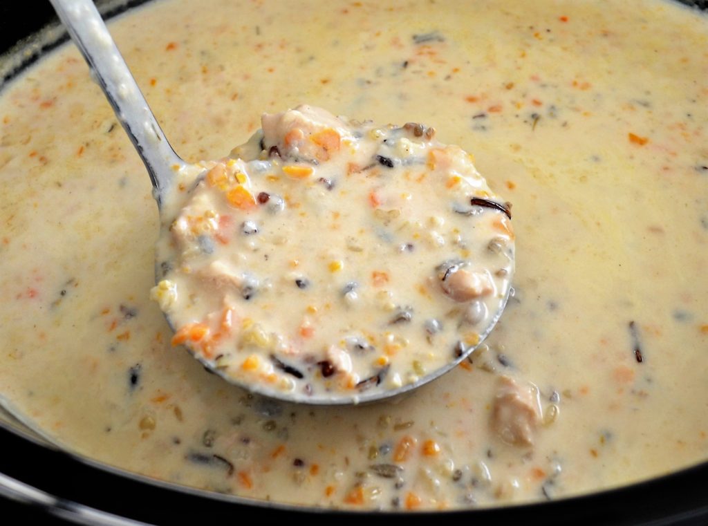 Chicken Wild Rice Soup cooking in slow cooker