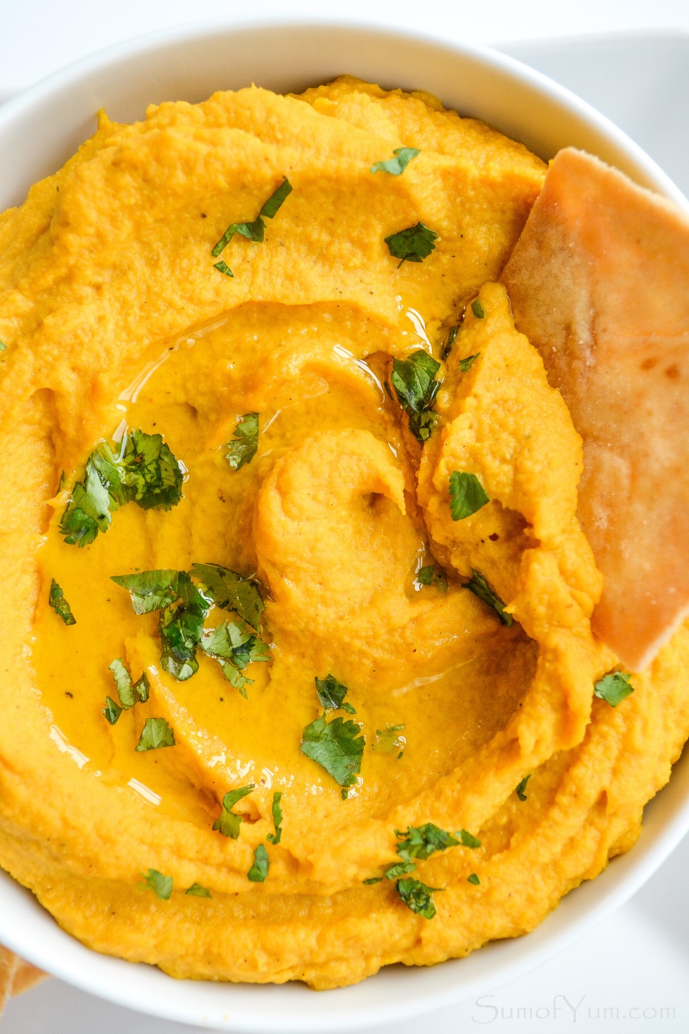 Roasted Carrot Hummus with pita chips