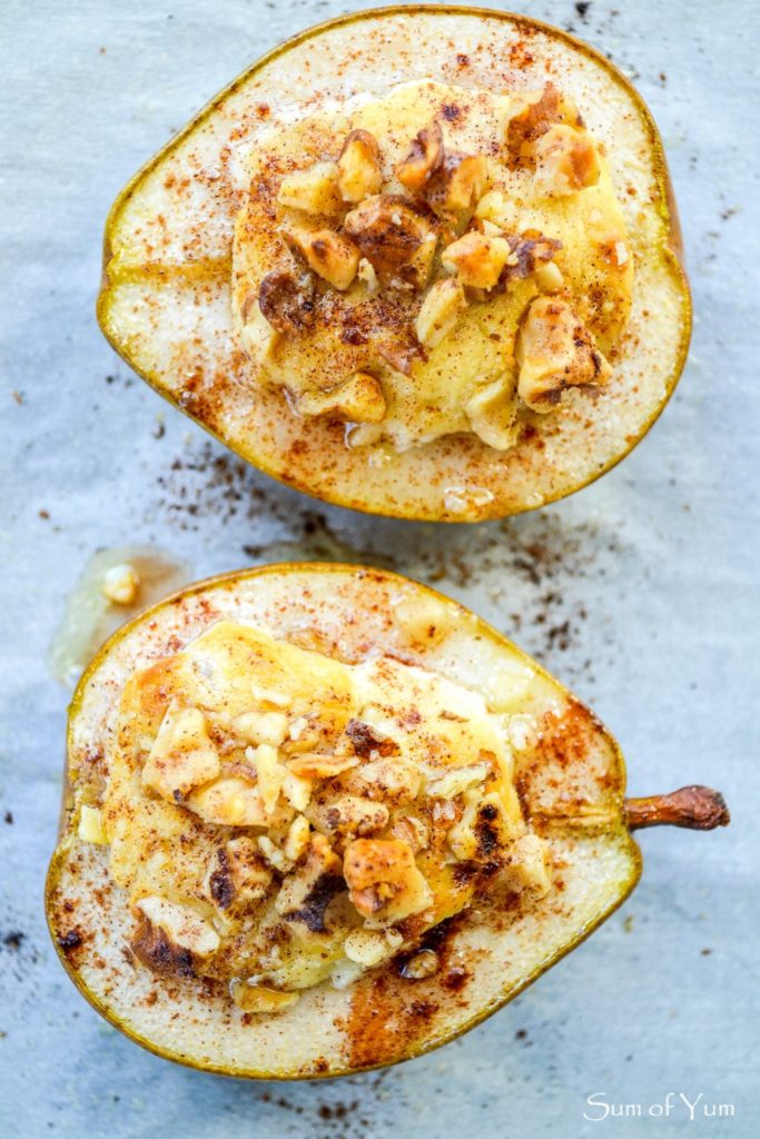 Baked Pears with Honey Walnut Goat Cheese on baking sheet
