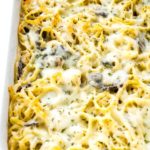 Chicken Tetrazzini baking dish closeup