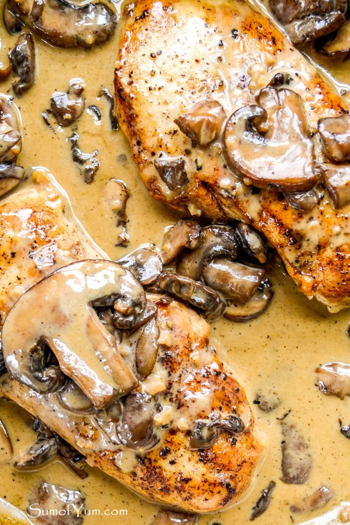 Brandy Cream Chicken and mushrooms in pan