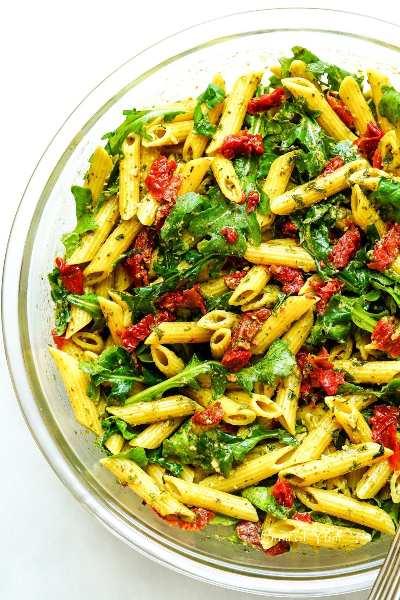 Pasta Salad with pesto, arugula, and sun-dried tomatoes