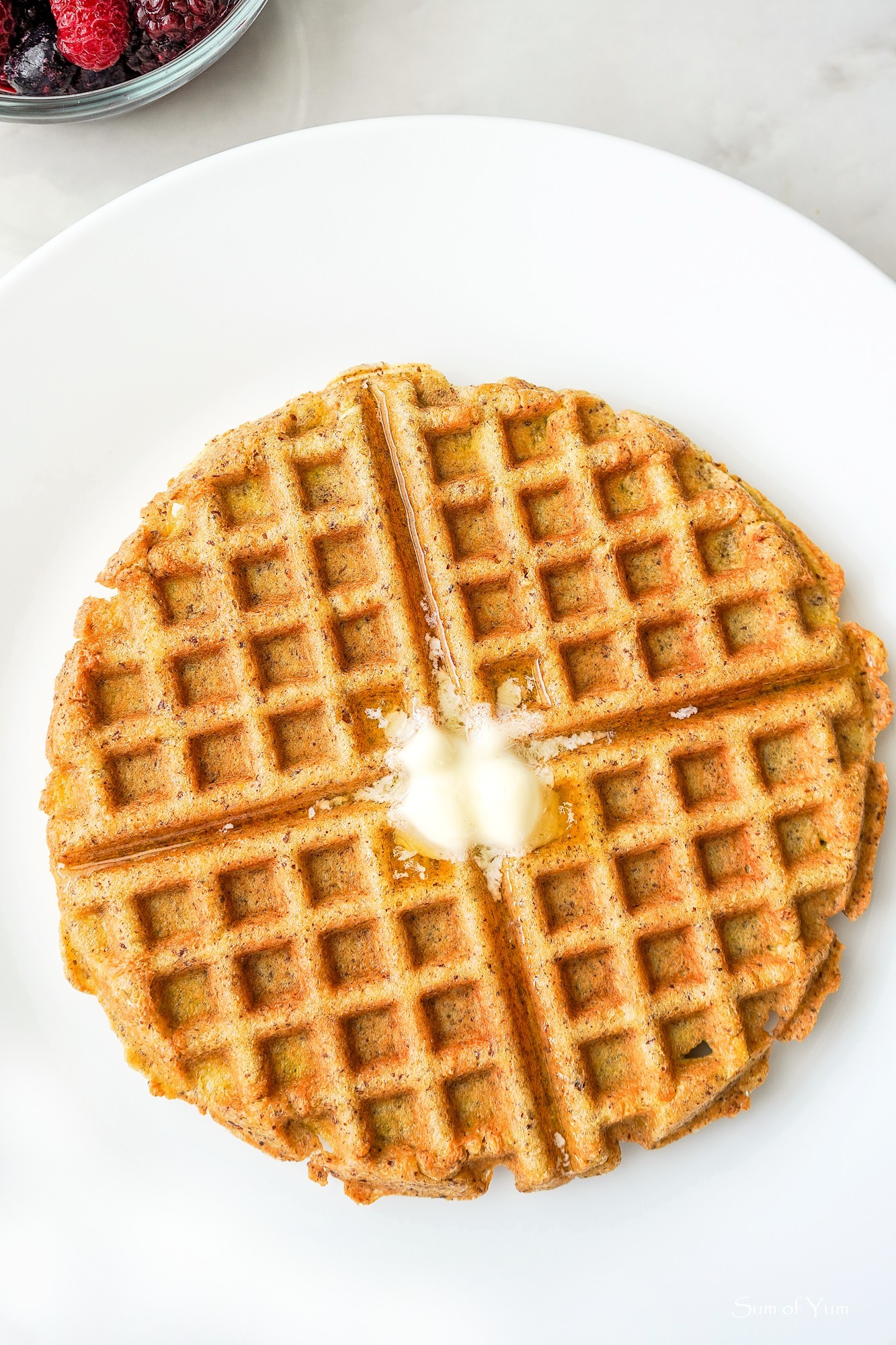 This easy grain-free waffle recipe is gluten-free, sugar-free, and makes delicious keto flourless protein waffles high in fiber and omega-3s. SumofYum.com Grain Free Protein Power Waffle